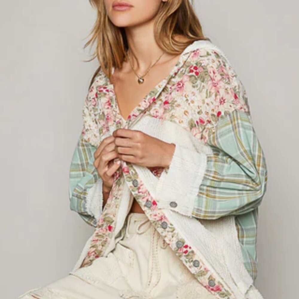 POL Lace Floral Patchwork‎ Button Front Hoodie Top M